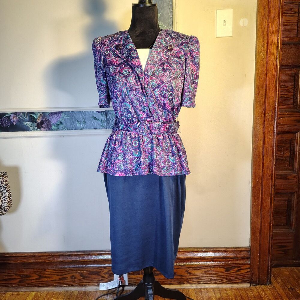 Fun Office Siren Purple Navy Teal Paisley True Vintage Dress Size S/M